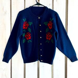 Vintage Navy Blue with Roses cardigan size small
